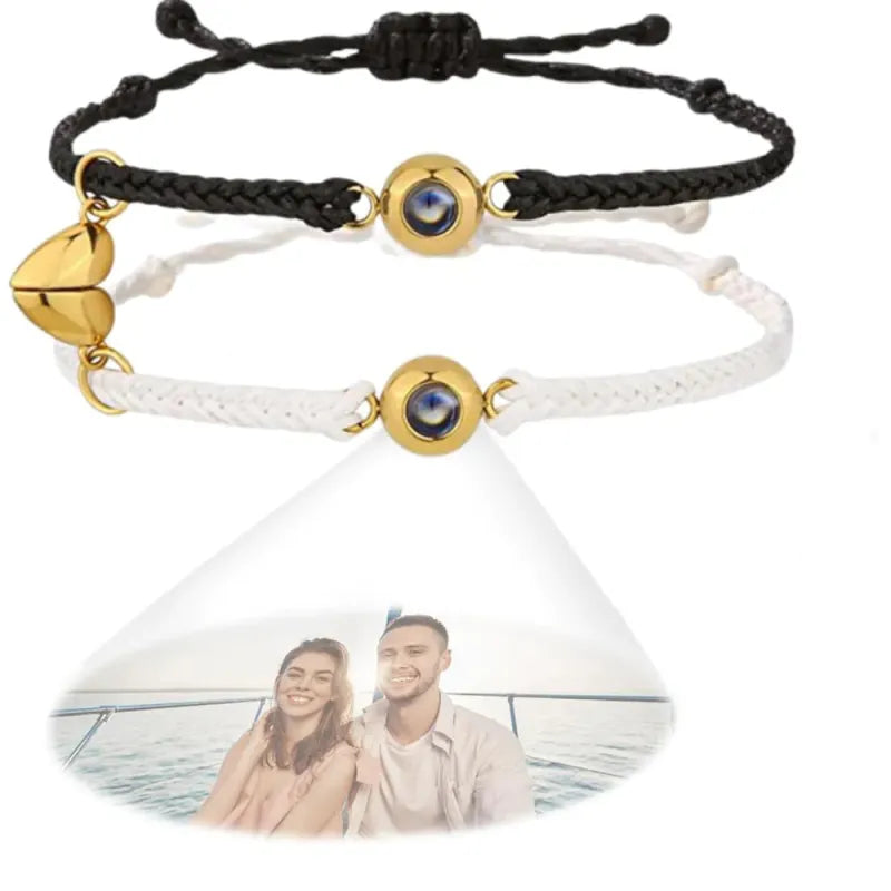 Custom Photo Projection 2 Heart  Bracelet Simple Woven Heart Magnetic Bracelet Gift for Couple